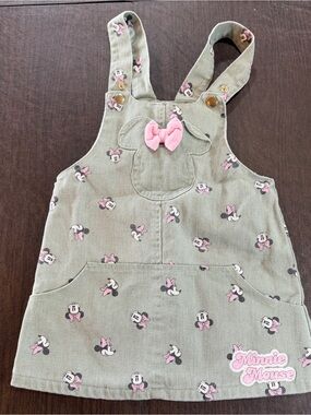Disney Junior Minnie Mouse Pink-Accent Green Overall Dress for Kids Sz 3T